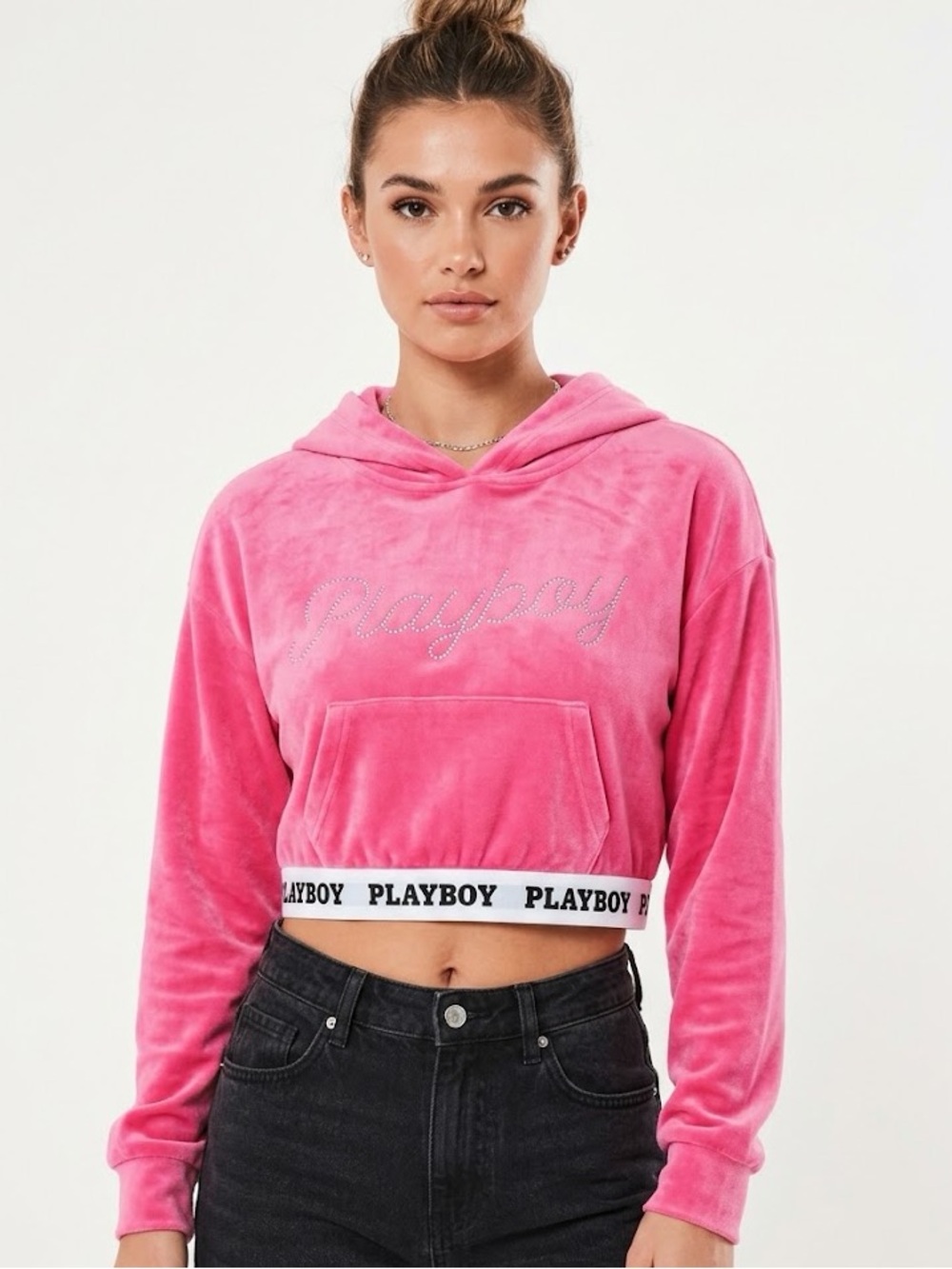 Playboy Women Hot Pink Velvet Rhinestone Cropped Hooded Sweater M Y2K It Girl